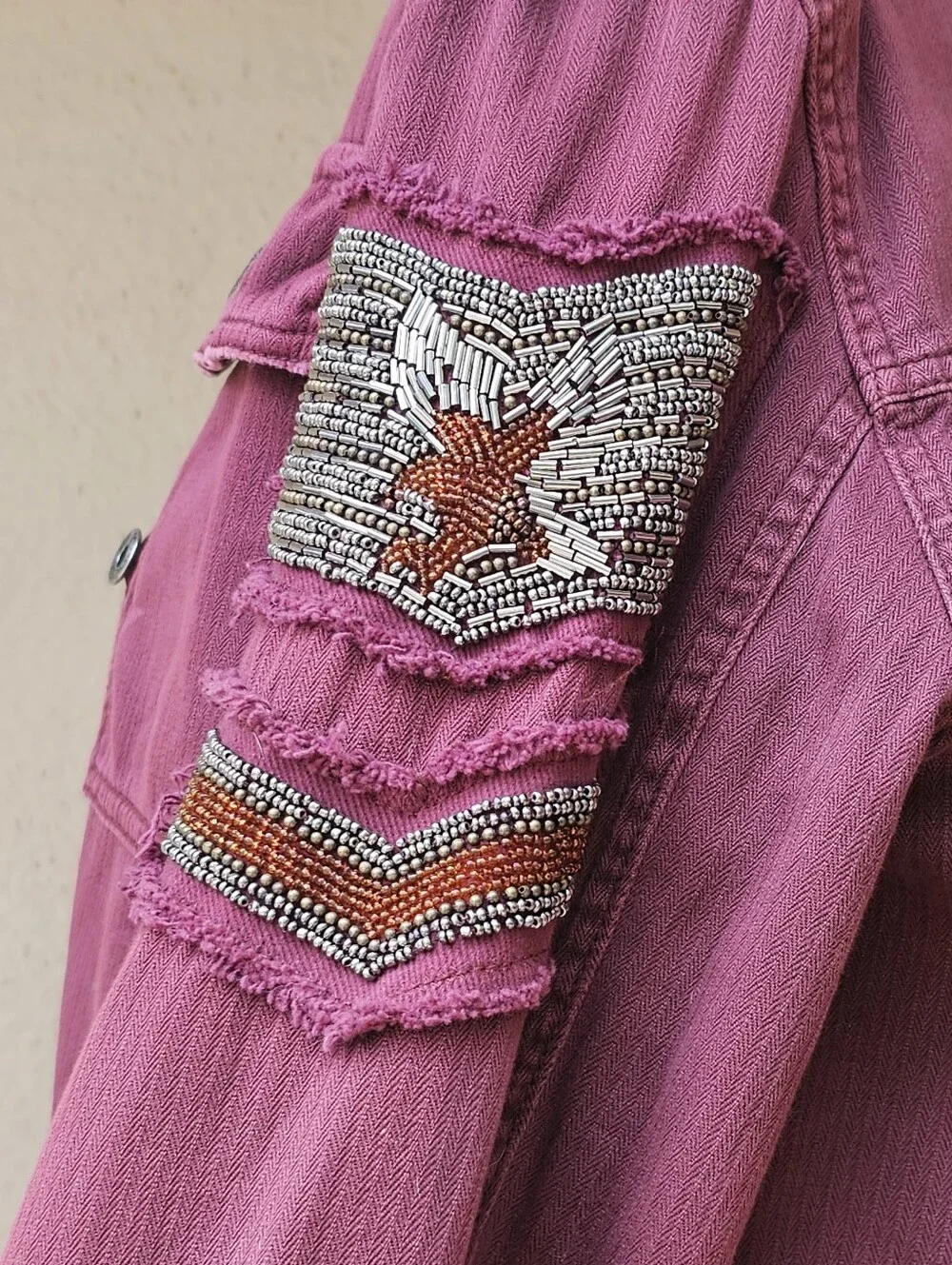 Free People Buttom Down Maroon Shacket W/ Beaded Patch Sz XS